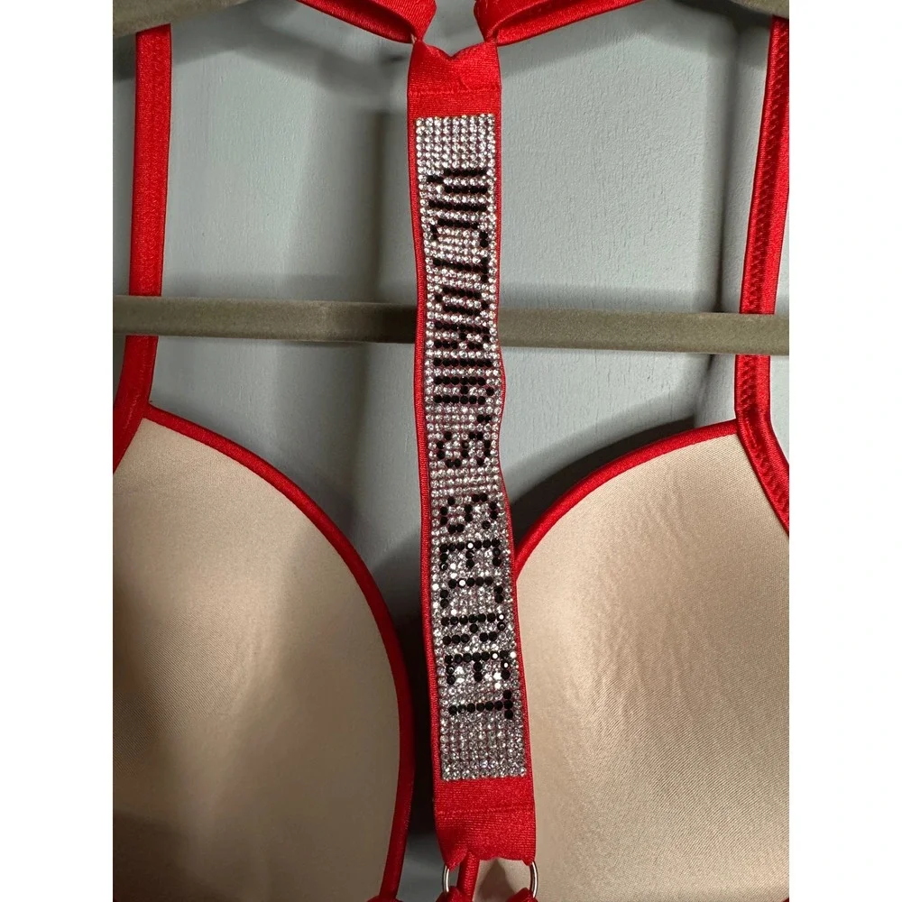 Victoria's Secret Red Rhinestone Strap Push Up‎ Bra Bikini Swim Top 36B